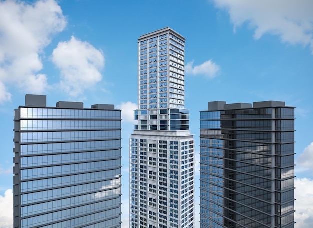 푸른 하늘과 3d 렌더링 고층 건물 외관