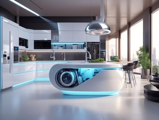 Фото 3d рендеринг высокотехнологичных футуристических кухонь и современного дизайна кухонь