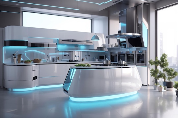 3Dレンダリング ハイテク フューチュリスティックキッチン デザイン