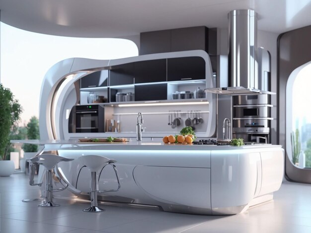 3d rendering high tech futuristic kitchen and modern kitchen design