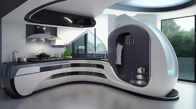 3 d レンダリングのハイテク未来的なキッチンとモダンなキッチン デザイン
