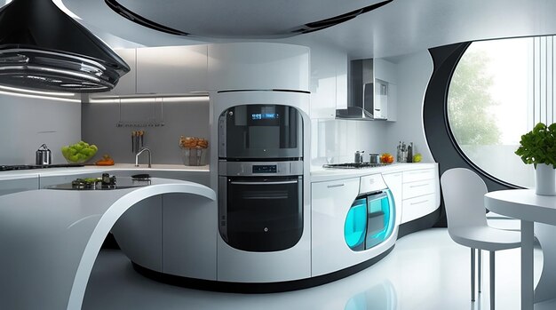 3D-rendering high-tech Futuristische keuken en modern keukenontwerp