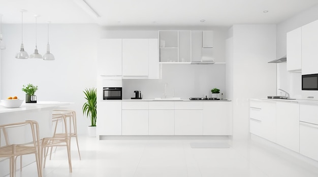 Photo 3d rendering high tech white kitchen and modern kitchen design