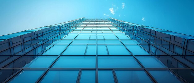 3D rendering of highrise curve glass building and dark steel window system set against a blue clear sky background Business concept of future architecture look up to the corner building angle