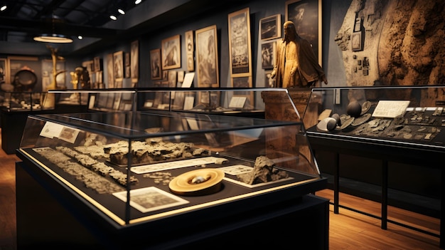 A 3D rendering of a history exhibit with ancient artifacts and historical documents