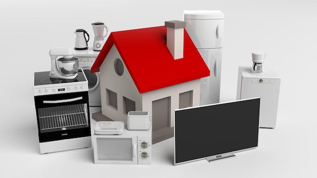 3d rendering home appliances and a small house