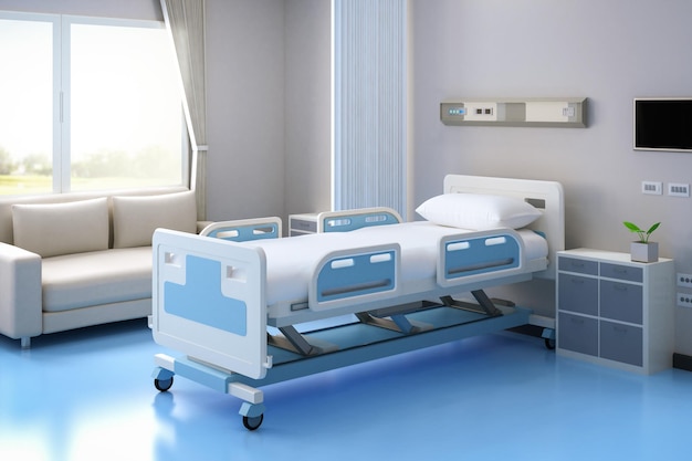 3d rendering hospital interior in recovery or inpatient room with bed and amenities