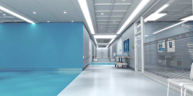 복사 공간이 많은 병원 인테리어의 3D 렌더링