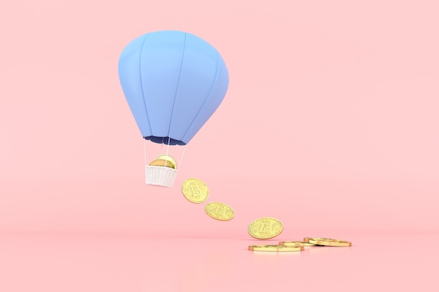 Photo 3d rendering of hot air balloon and falling of cryptocurrency bitcoin.