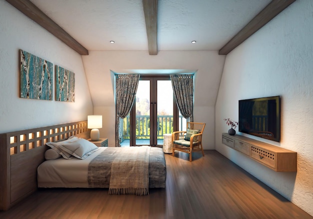 3D-rendering hotel slaapkamer interieurontwerp