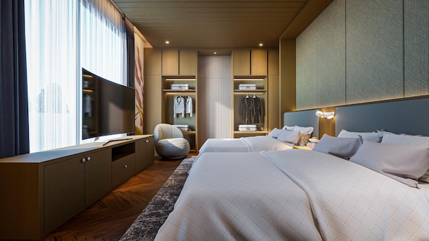 3D-rendering hotel villa slaapkamer interieur design
