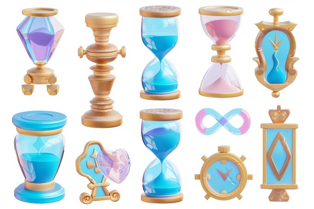 A 3D rendering of an hourglass a sand clock and time icons A vintage glossy watch counts down minutes and hours A 3D illustration of isolated design elements for social media on a white
