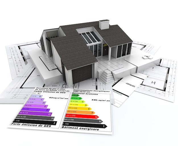 3D rendering of a house, on top of blueprints, with and energy efficiency rating chart