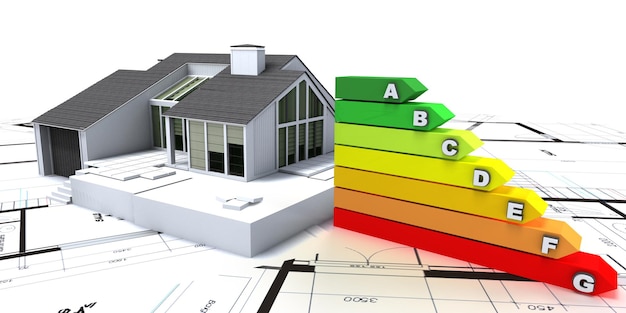 Photo 3d rendering of a house on top of blueprints, with an energy efficiency rating chart