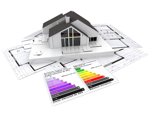 3D rendering of a house, on top of blueprints, with and energy efficiency rating chart