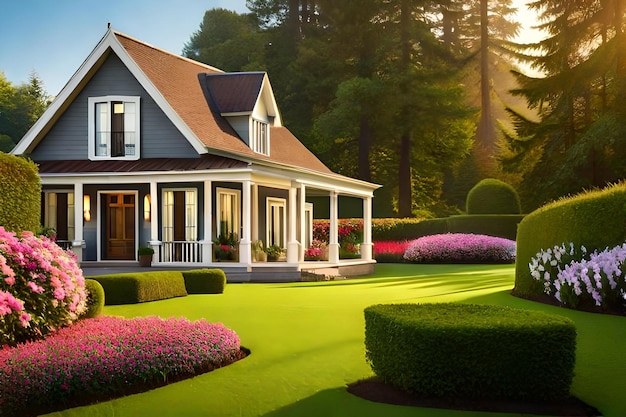 A 3d rendering of a house with a lawn and a large green lawn