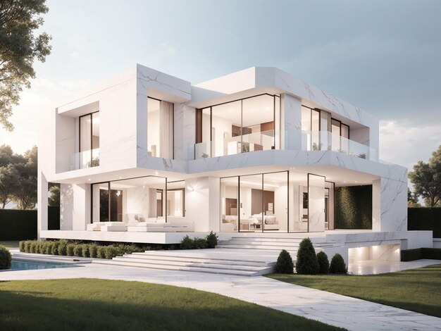 흰색 대리석 현대 건축의 밝은 외관을 갖춘 집의 3d 렌더링