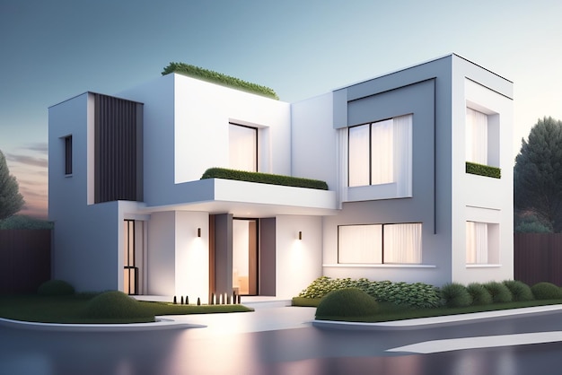 3d rendering of a house with a light facade House in white marble Modern architecture