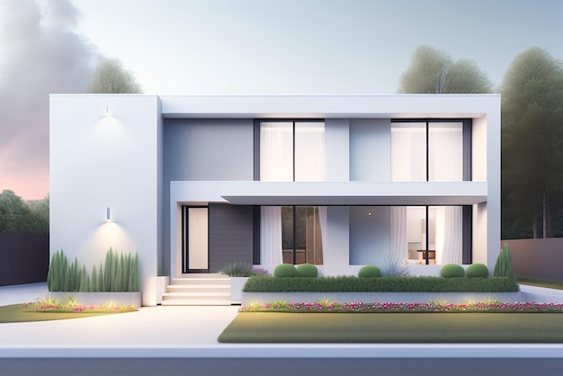 3d rendering of a house with a light facade House in white marble Modern architecture