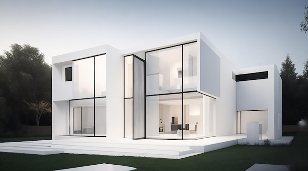 3d rendering of a house with a light facade House in white marble Modern architecture