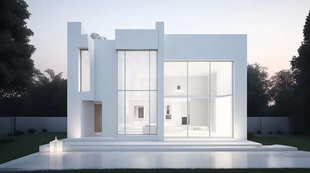3d rendering of a house with a light facade House in white marble Modern architecture