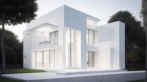 明るいファサードを持つ家の 3 d レンダリング白い大理石の家の近代建築