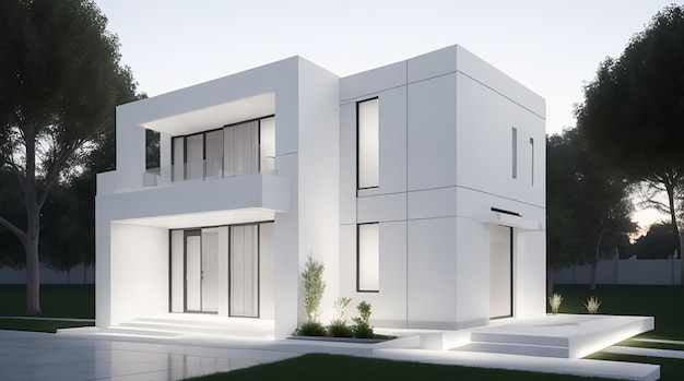 3d rendering of a house with a light facade House in white marble Modern architecture