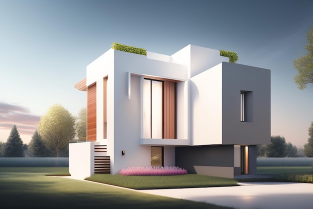 3d rendering of a house with a light facade House in white marble Modern architecture