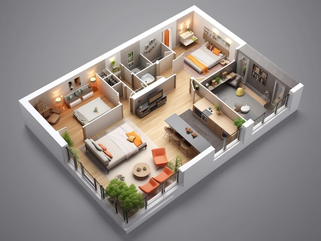 A 3d rendering of a house with a living room and kitchen.