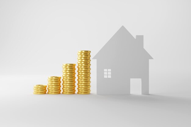 Photo 3d rendering a house with a stack of gold coins