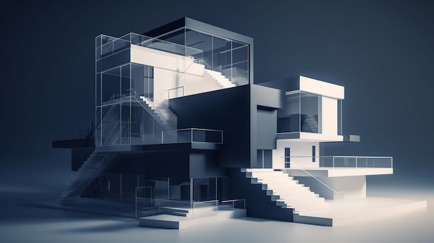 A 3d rendering of a house with a staircase.