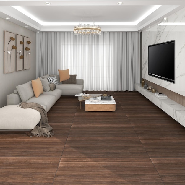 3d rendering houten klassieke woonkamer met televisie Premium Foto