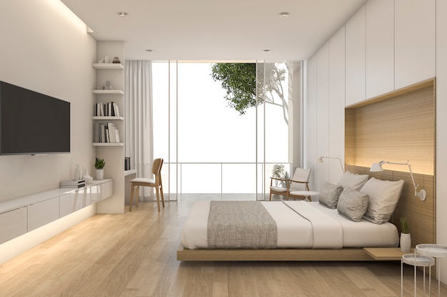 3D-rendering houten minimalistische stijl slaapkamer met uitzicht vanuit venster