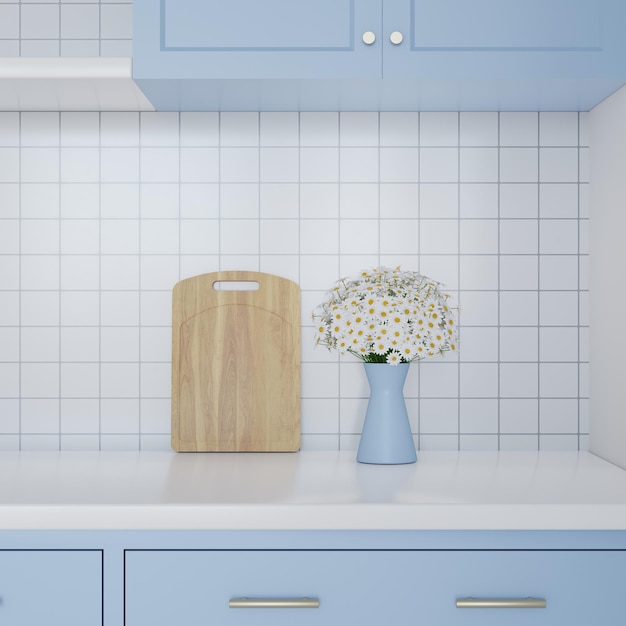 3D-rendering houten snijplank en madeliefje in blauwe keramische vaas o