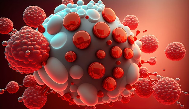 3d rendering of Human cell or Embryonic stem cell Red Cancer cells Red virus Virus or bacteria cells Human Cancer Cell 3d illustration of T cells or cancer cells Generate Ai