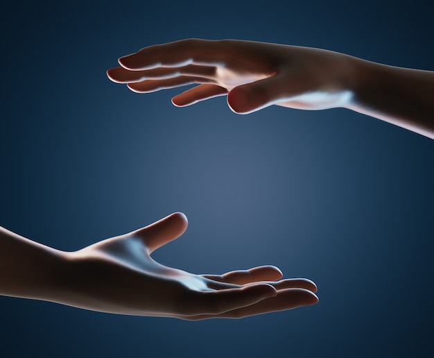 Photo 3d rendering human hand palm reach out to another