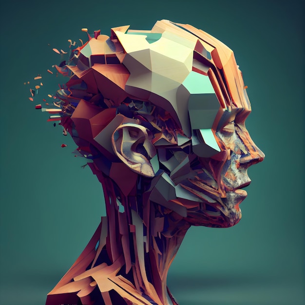 3d rendering of human head in low poly style 3d illustration