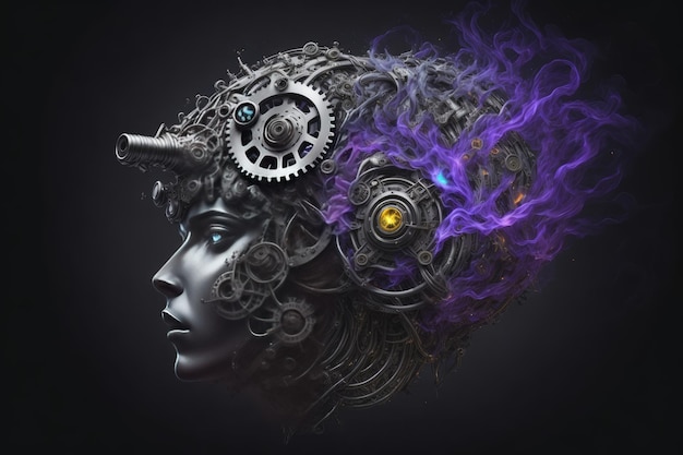 3D rendering of a human head made of gears and cogwheel Illustration of the mental health concept