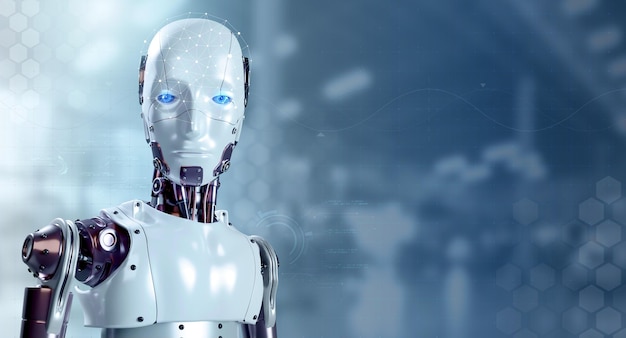 3D-рендеринг портретов человека-робота-киборга на размытом заводском фоне с копировальным пространством, смотрящим в камеру Футуристический робот-гуманоид AI концепция технологии искусственного интеллекта
