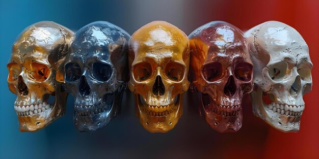 Foto rendering 3d di un cranio umano in varie angole e colori isolati su uno sfondo bianco concept 3d rendering human skull various angles colors white background