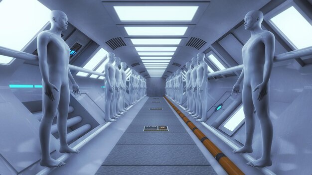 3D rendering Humanoid figure and futuristic room