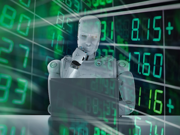 3d rendering humanoid robot analyze stock market