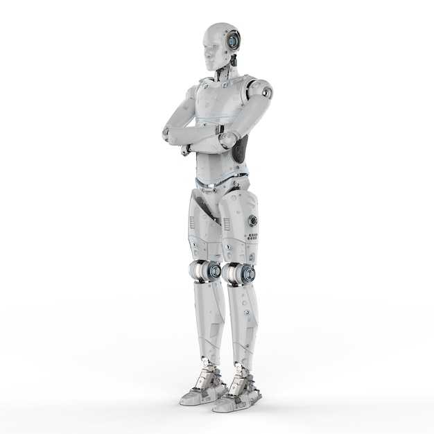 3d 렌더링 인간형 로봇 팔 흰색 배경에 넘어