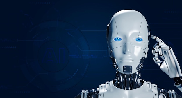 3d rendering of humanoid robot cyborg think or compute on blue cyber background with copy space hand pointing on head AI machine learning artificial intelligence futuristic technology concept