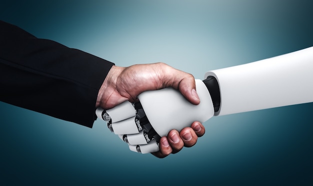 3D rendering humanoid robot handshake to collaborate future technology