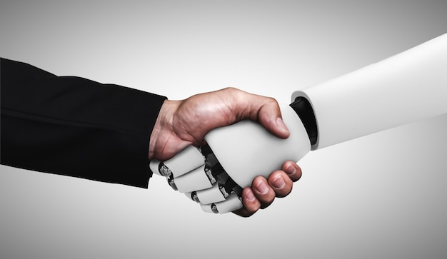 3D rendering humanoid robot handshake to collaborate future technology