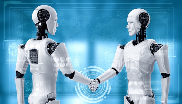 3D rendering humanoid robot handshake to collaborate future technology