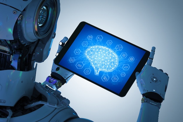 Photo 3d rendering humanoid robot holding tablet with ai brain