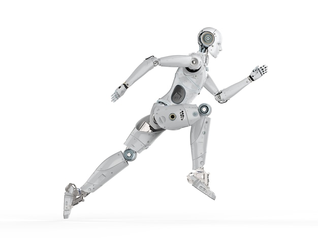 3d rendering humanoid robot running or jumping on white background