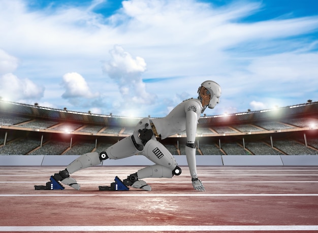 3d rendering humanoid robot running in stadium